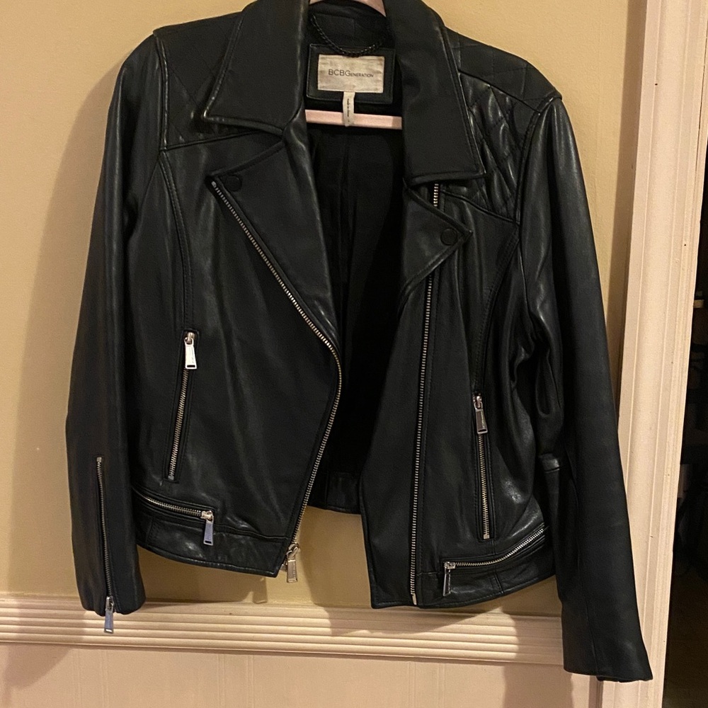 BCBGMaxAzria Dark Leather Jacket with Silver Accents